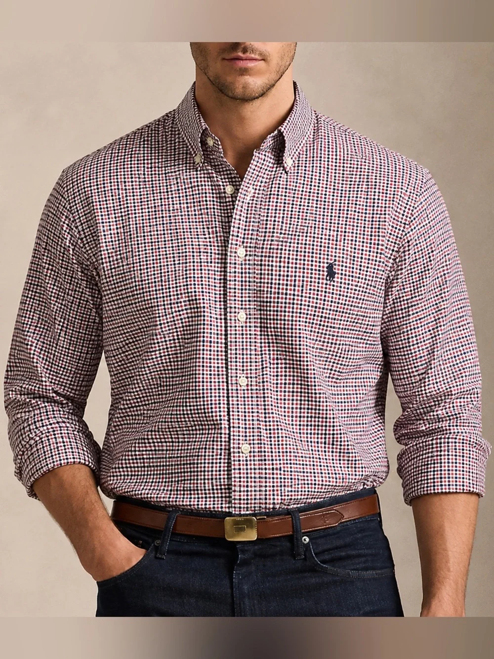 Polo Ralph Lauren Classic Fit Red White Navy Long Sleeve Button Down Shirt, L